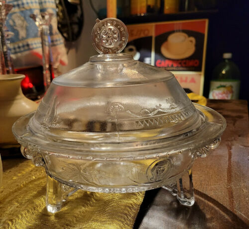150+-year-old EAPG COVERED DISH CLEAR GLASS 3 FOOTED Richards & Hartley Glass Co.